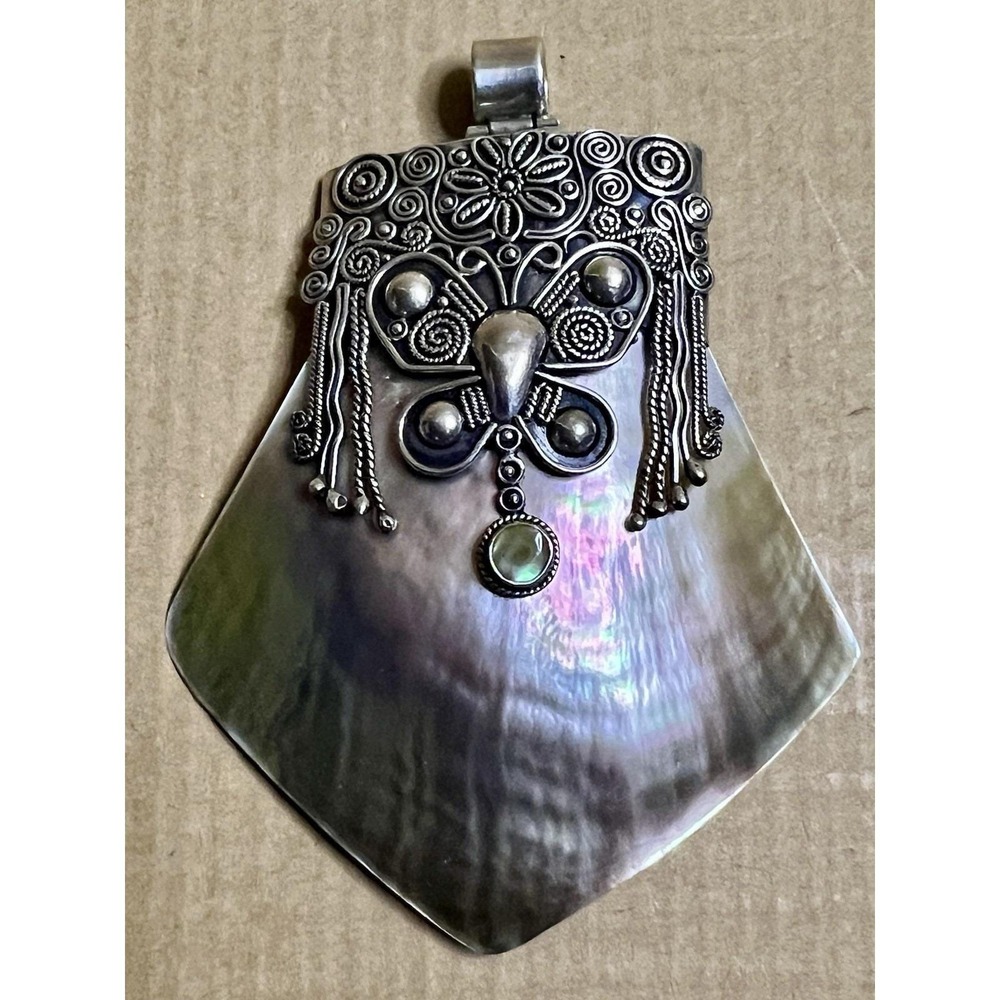 Vintage‎ 950 Fine Silver Dark Mother of Pearl Pendant 4.25"